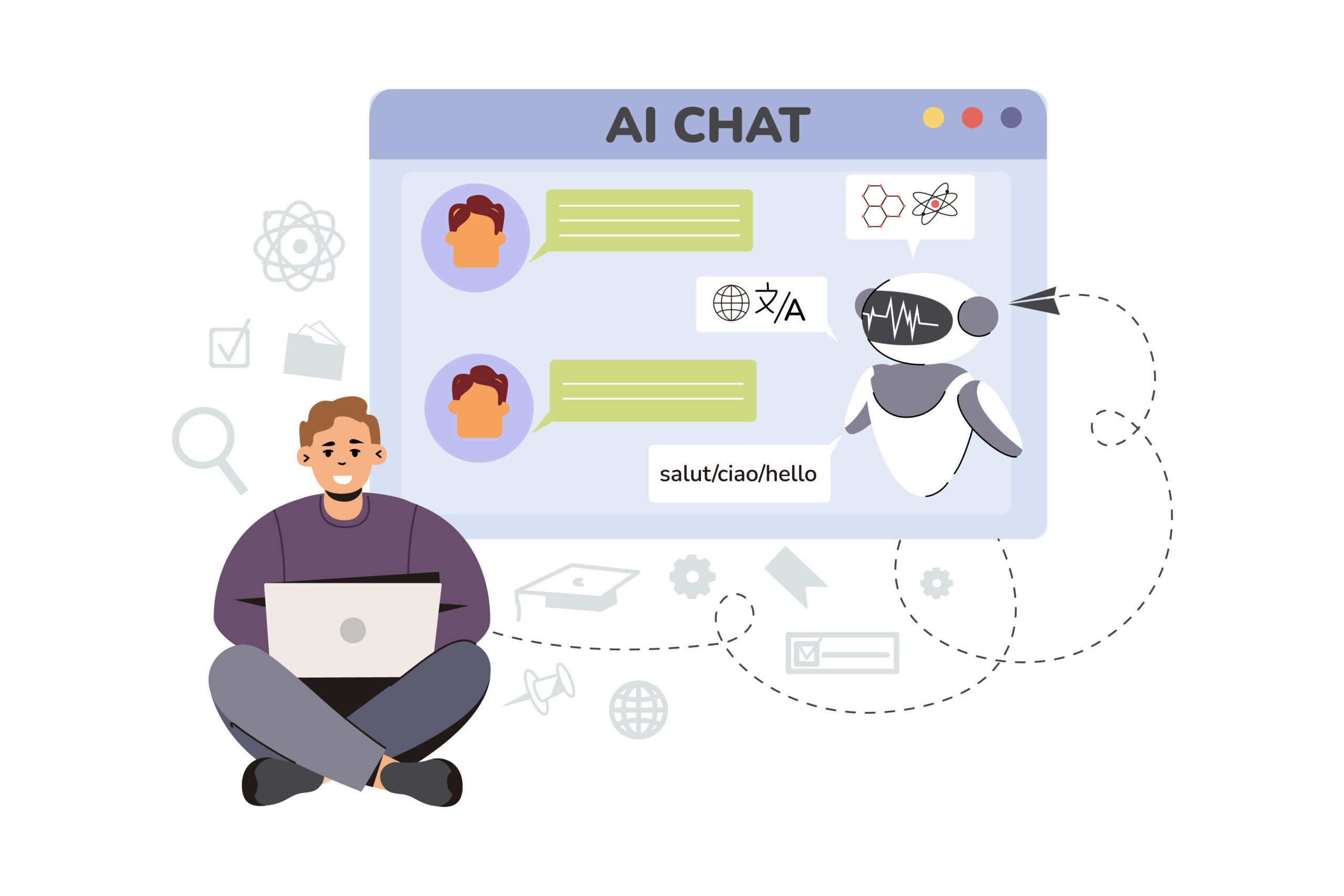 Artificial intelligence concept. Flat man using Ai technology for help with tasks and answer questions. Online communication with chat bot. Character chatting with chatbot. Digital assistant in laptop